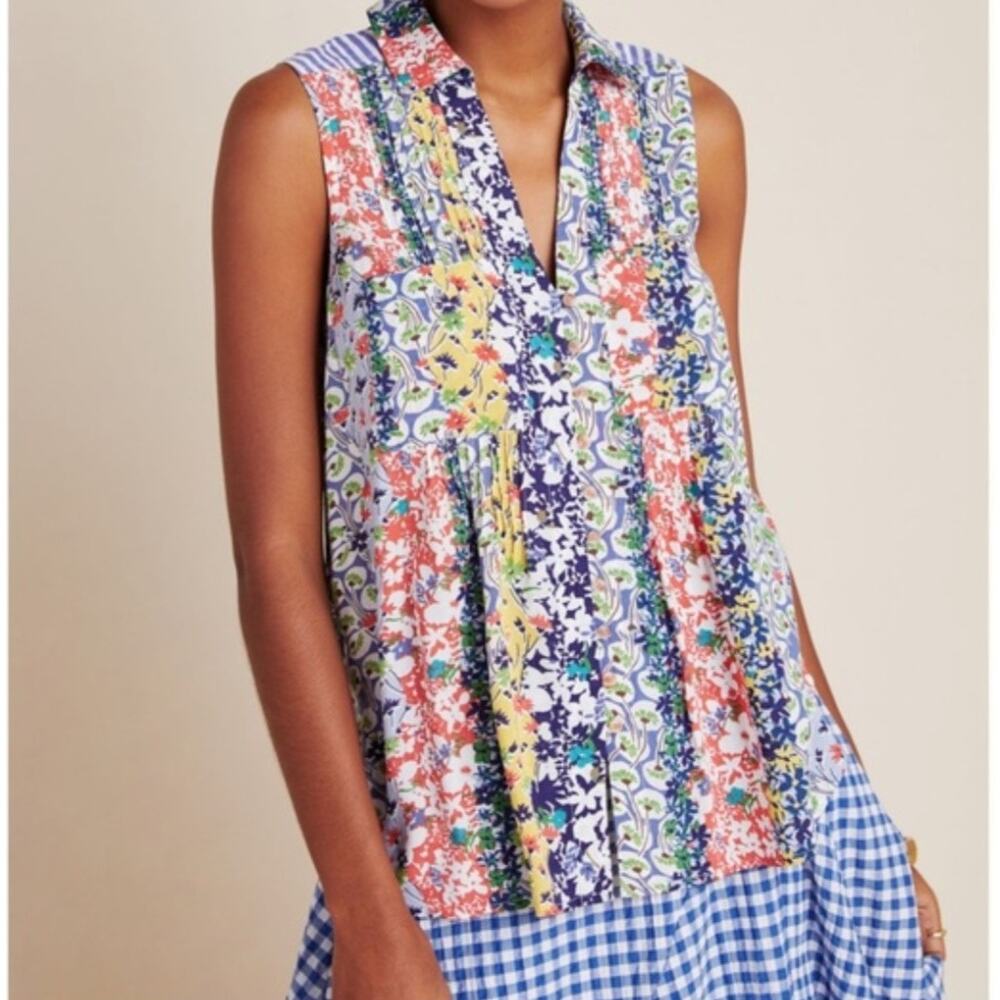 MAEVE Anthropologie Whimsical Pintucked Sleeveless Blouse Novelty Floral XS 4120 - Picture 2 of 14